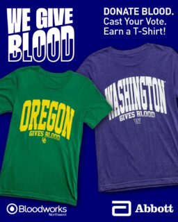 🏈 Help the Ducks and Dawgs climb the rankings in the #WEGIVEBLOOD drive with @abbottglobal and the Big Ten!

Show your school pride, help save lives, and earn an exclusive T-shirt! Schedule your blood donation and cast your vote for your school at the link in our bio.

#BloodworksNW #DonateBlood #BigTen