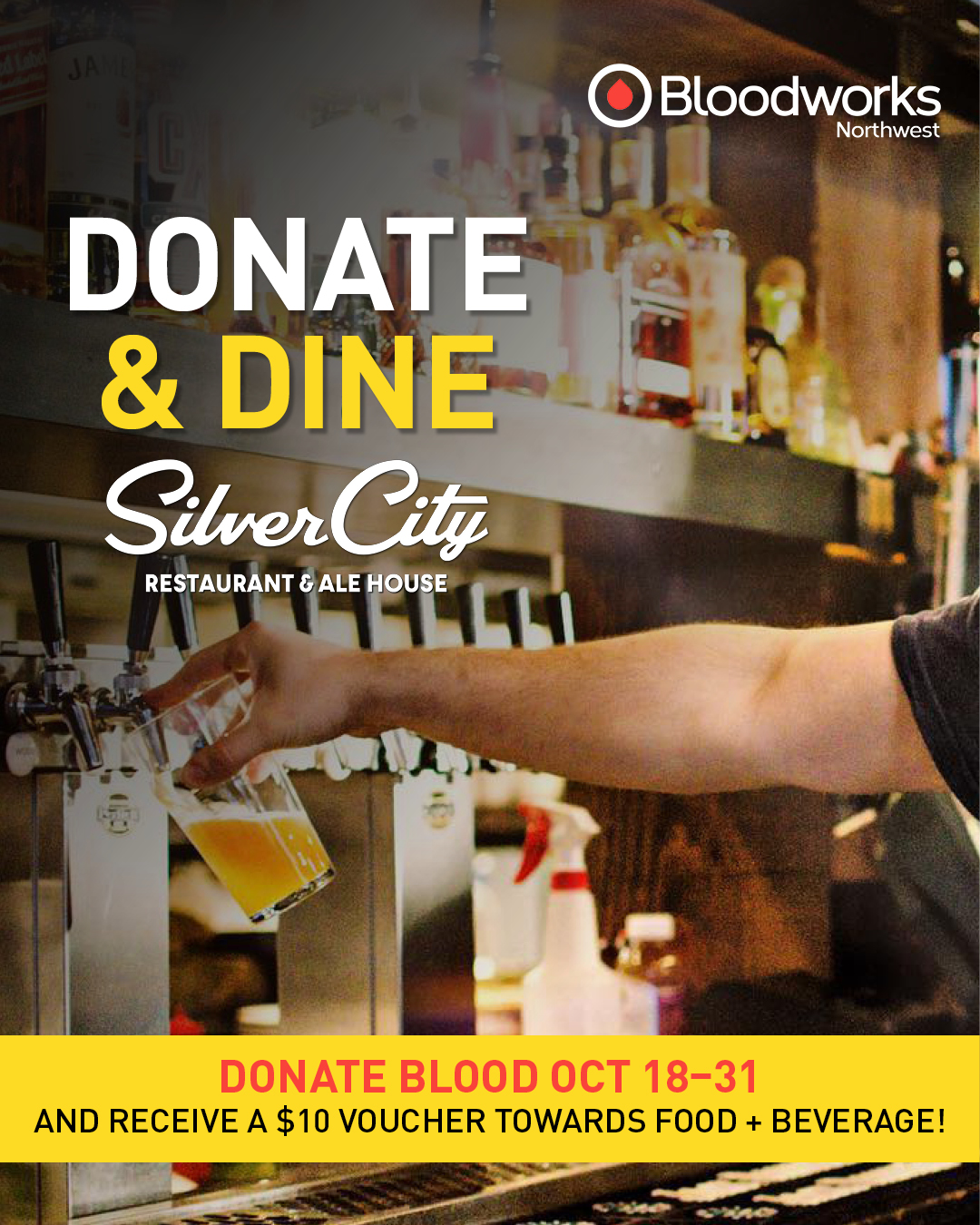 Our annual partnership with @silvercityrestaurant is back! Donate blood at the Silverdale Donor Center October 18–31 and receive a $10 voucher to use at Silver City Alehouse throughout November.

Your donation helps save lives right here in our community, and you can enjoy a little something extra as a thank-you!

Book your appointment at the link in our bio.

#BloodworksNW #DonateBlood #Silverdale #PNW #SaveLives #Giveaway