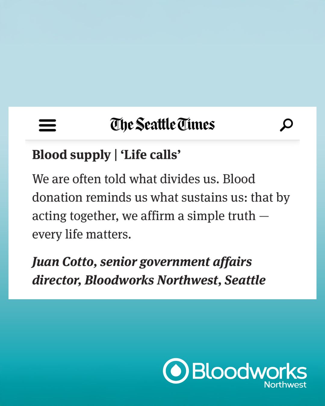 “Emergencies do not wait. Life calls, and donors answer.”

Bloodworks Northwest’s Juan Cotto shares a powerful message in @seattletimes about how blood donation brings people together and supports patients when it matters most.

Read the full letter at the link in our bio.

#BloodworksNW #DonateBlood #SaveLives #SeattleTimes