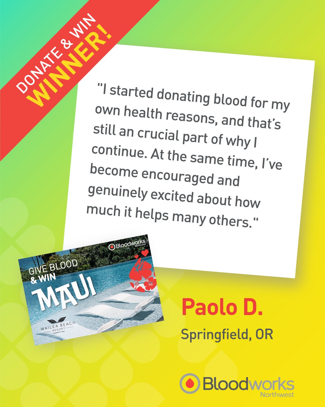 Paolo D. from Springfield, OR is headed to Maui 🌺✈️

Our February/March Donate & Win winner first gave blood in 2018, returned at the end of 2025, and has already donated platelets three times since. Now, he’s being rewarded with a well-deserved Hawaiian getaway.

“Being able to contribute in such a simple yet very powerful and meaningful way keeps me coming back.”

Paolo, thank you for showing up for patients, and congratulations on your trip to Maui!

#BloodworksNW #DonateBlood #Maui #Giveaway #Hawaii
