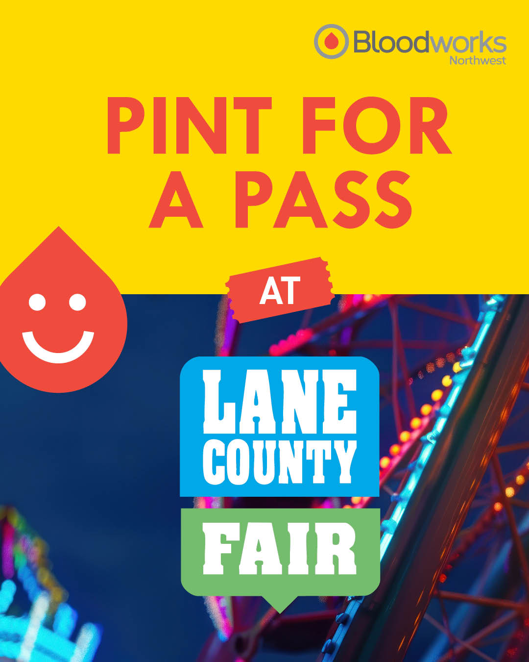 🎡 PINT FOR A PASS! 🩸

Give blood at Bloodworks Eugene donor center or any area blood drives and get a FREE Lane County Fair ticket!

Donate blood between June 1 - July 25, and you'll earn a FREE pass to enjoy the fair any day July 22–26, 2025.

Schedule your appointment today at the link in our bio.

#BloodworksNW #DonateBlood #LaneCountyFair #Giveaway